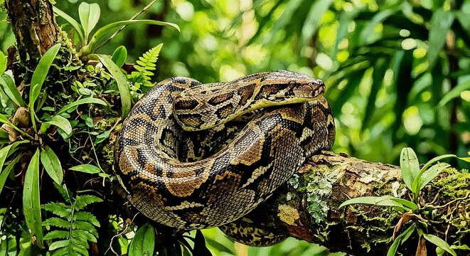 A large python snake coiled tightly on a mossy tree branch in a lush tropical rainforest environment.