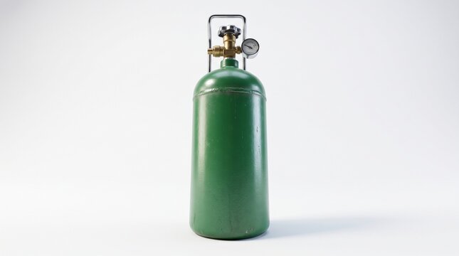 Green portable oxygen cylinder with a pressure gauge in a vertical position on a white background.