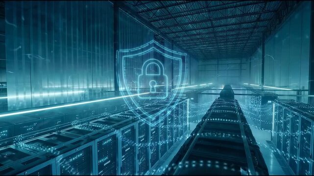 Cybersecurity shield and padlock icon inside a blue-lit server aisle, highlighting cybersecurity, privacy and secure data protection