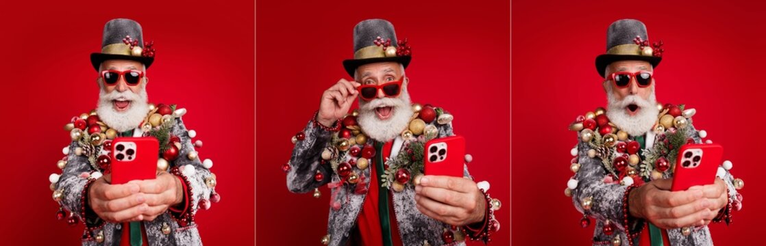 Photo collage of stylish Santa Claus taking selfies with a smartphone in a decorated jacket and top hat against a red background