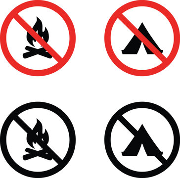 Fire sign set featuring forbidden camping and bonfire symbols