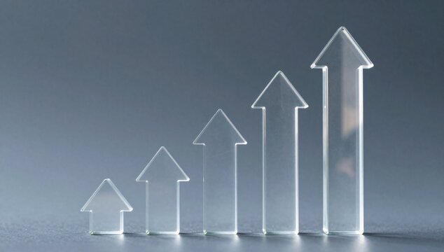 Five clear glass arrows showing upward trend on a dark background