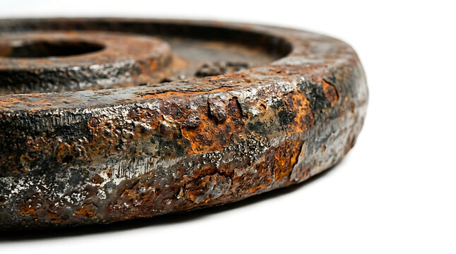 Close-up of a rusty cast-iron dumbbell plate on a white background with a rough texture.