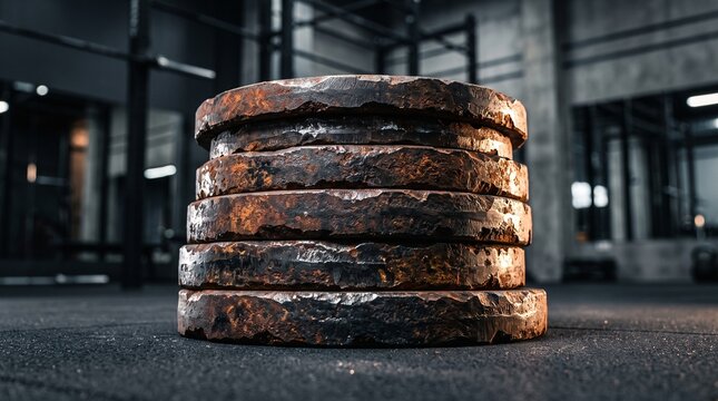 Rusty iron weights stacked in a gym with a strong industrial atmosphere