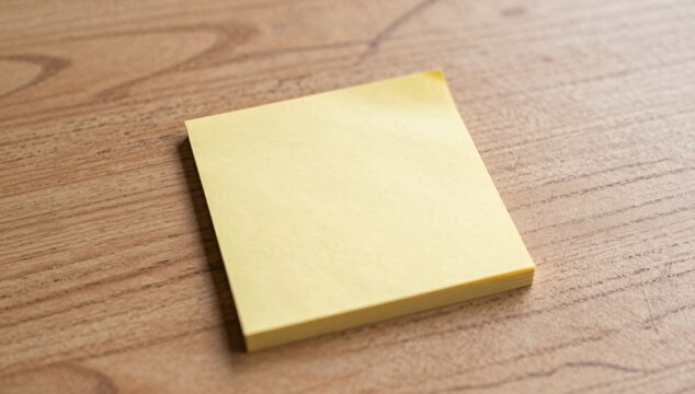 Single yellow sticky note pad on a wooden desk surface