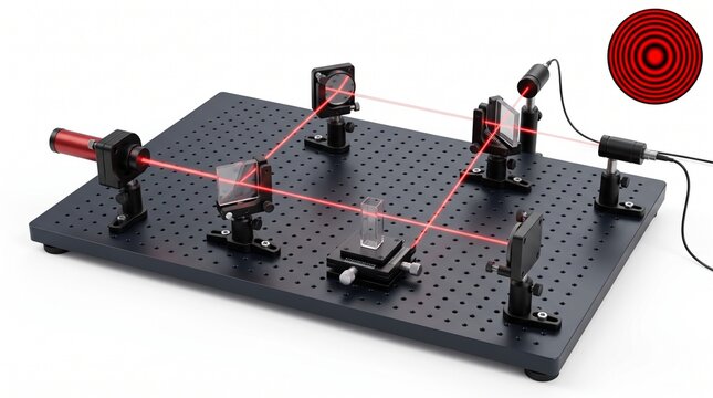 Optical laser experiment using mirrors and beam splitters on a breadboard to create interference.