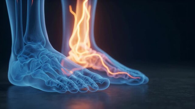 Human Foot Pain and Bone Inflammation - Glowing Nerve Signals and Skeletal Anatomy - Medical 3D Animation Footage