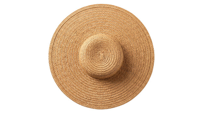 Woven straw sun hat with wide brim, natural woven summer hat for beach vacation fashion, beige straw sunhat for UV protection isolated PNG with Transparent Background