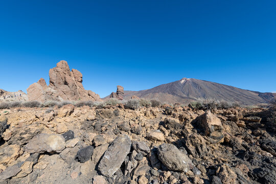 Mount Teide volcano and Roques de Garcia rock formations in Teide National Park, Tenerife, Canary Islands, Spain