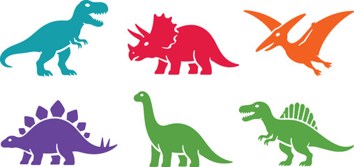 Set of colorful cartoon dinosaur icons including t-rex triceratops and flying pterodactyl © Simu Store