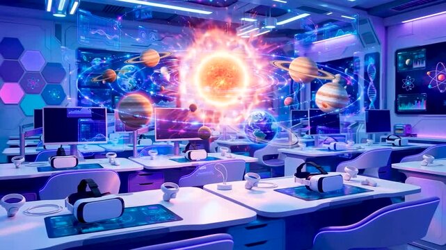 Futuristic classroom with 3d holographic solar system display overhead VR headsets and glowing science screens