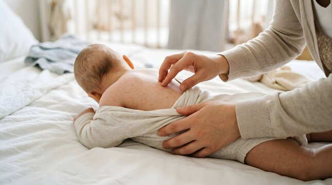 Mother gently changing a baby's diaper on a white bed in a bright room