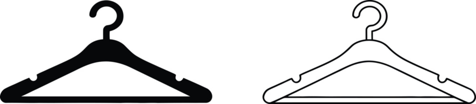 Clothes Hanger Garment Wardrobe Hook Icon Set with Outline and Black Fill Designs, Clothing Storage Symbols, Fashion Accessories, Laundry Organization and Apparel Shop Vector Illustration.
