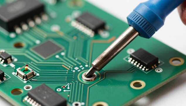 Close-up of a soldering iron tip touching a green circuit board with integrated circuits