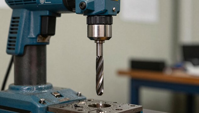 close up of drill bit suspended over metal surface with shavings