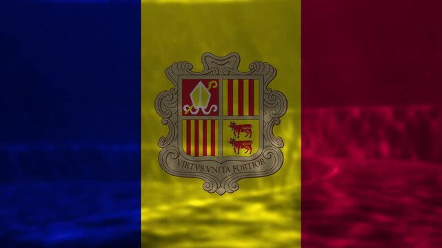 Textured andorran flag with its coat of arms, featuring a strong wavy pattern and deep light and shadow effects