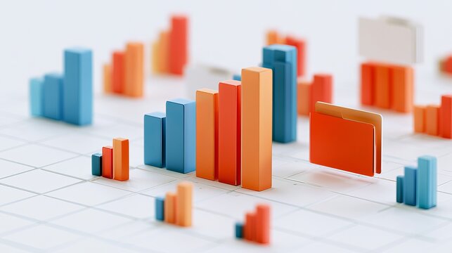Abstract data visualization showcasing blue and orange bars, alongside a folder, presenting business growth concepts