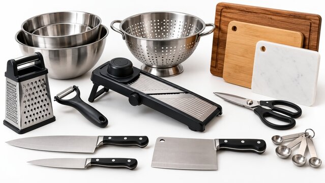 A collection of essential kitchen tools including bowls, cutting boards, knives, a grater, a peeler, scissors, a mandoline slicer, a colander, and measuring spoons.