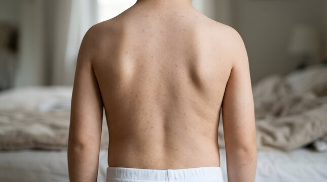 Childs back showing slight scoliosis with visible spine curvature and shoulder blade