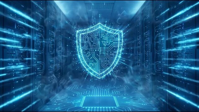 Digital data protection shield at the end of a long server room corridor, highlighting cybersecurity, privacy and secure data protection