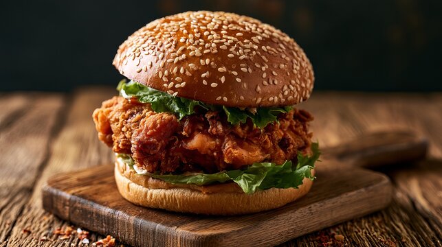 Crispy fried chicken burger with sesame seeds sits on wooden surface, delicious fast food concept, representing culinary delights
