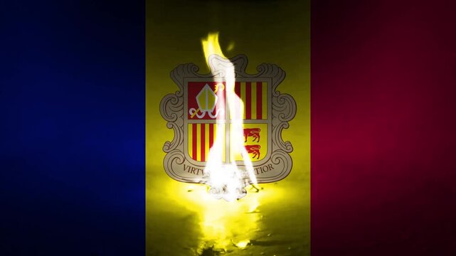 Andorra flag burning with visible flames and coat of arms against a dark background, symbolizing destruction or protest