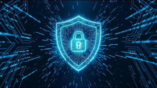 Digital data protection shield between converging walls of blue data streams, highlighting cybersecurity, privacy and secure data protection