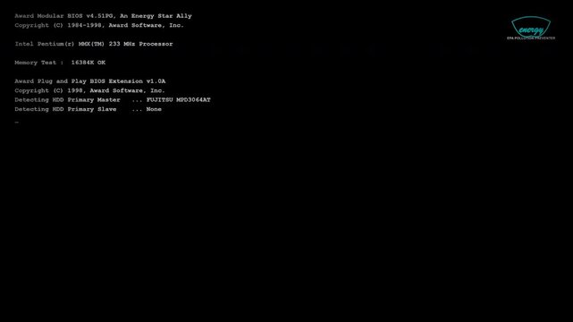 Procedural 4K motion graphics of a classic 90s PC BIOS boot sequence, featuring the Energy Star EPA logo, rapid RAM counting, hardware detection, and a classic PCI device table.