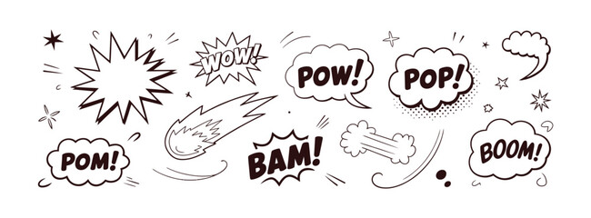 Comic cartoon line splash set, hand drawn explosion effects and pop art burst icons with boom wow expressions for illustration design. © Liton Rahman