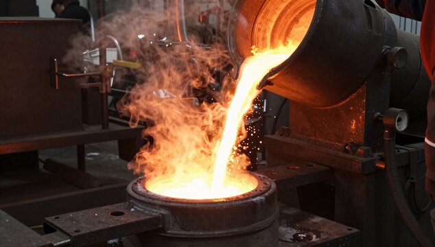 Molten metal being poured from a crucible into a mold at a foundry