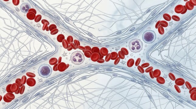 cellular biology illustration of a tiny venous network surrounded by elongated spindle-shaped support cells and intricate filamentous tissue, 