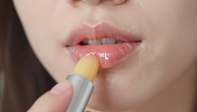 Close-up of a person applying clear lip balm to their lips