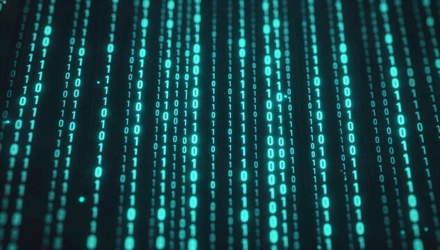 Digital rain of glowing binary code cascading down a dark background