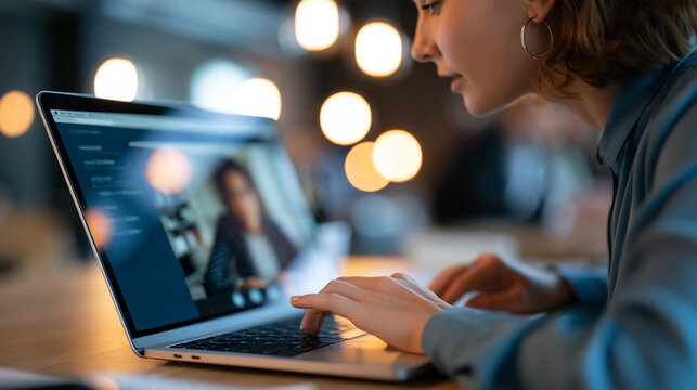 Faceless woman at a laptop for a business webinar, virtual training and productivity lecture, listening, office employee with a PC for online advice and a development workshop,