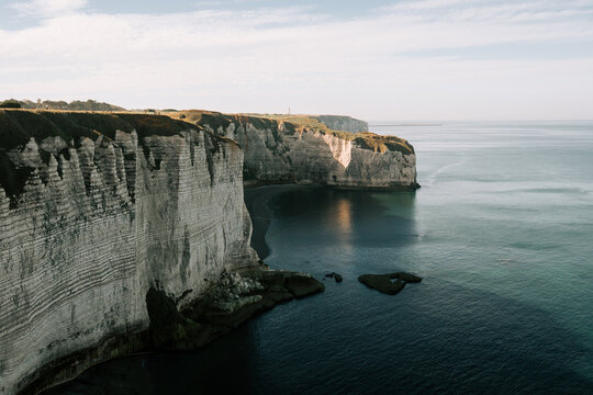 White chalk cliffs overlooking the English Channel at Fecamp in Normandy during a bright afternoon