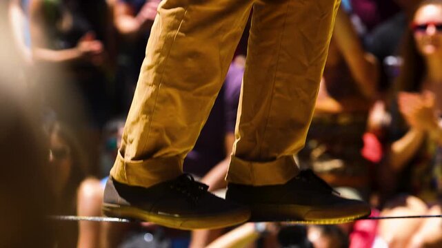 Close up of athletes feet on a slack line