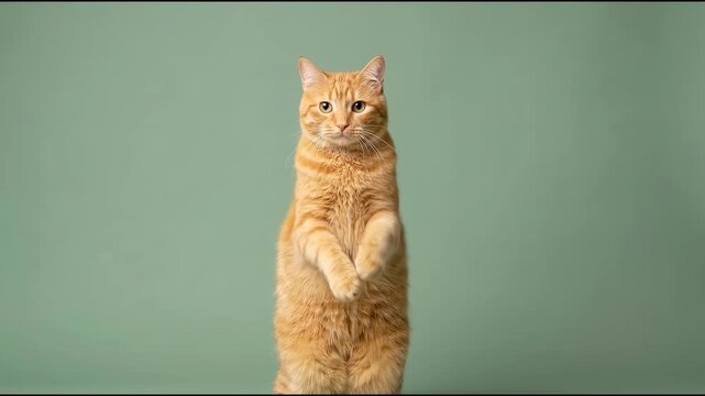 Fluffy orange tabby cat dancing upright on its hind legs with raised paws, a seamless funny pet loop for memes and entertainment content
