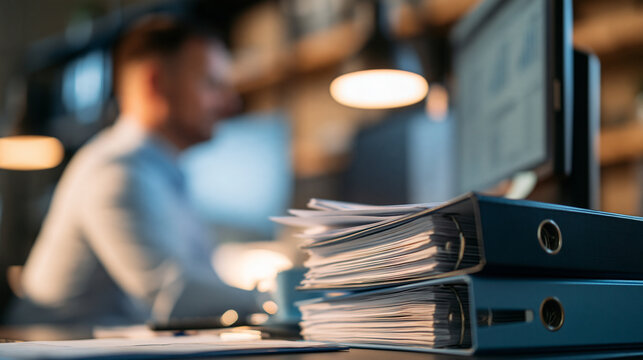 Faceless diligent male accountant at an office desk with a stack of binders and documents in front of a computer monitor during a business day, with copy space