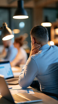 Faceless professional with intense neck pain from prolonged desk work, health issues of sedentary office environments and poor ergonomics, with copy space