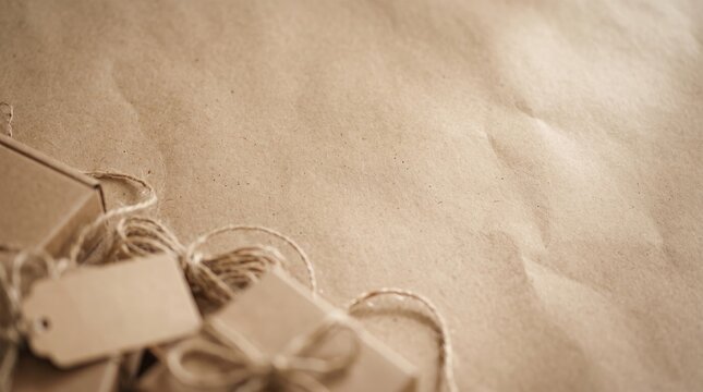 Kraft paper and twine background with collected christmas ornaments and family keepsakes displayed for holiday gift wrapping and festive seasonal packaging design.