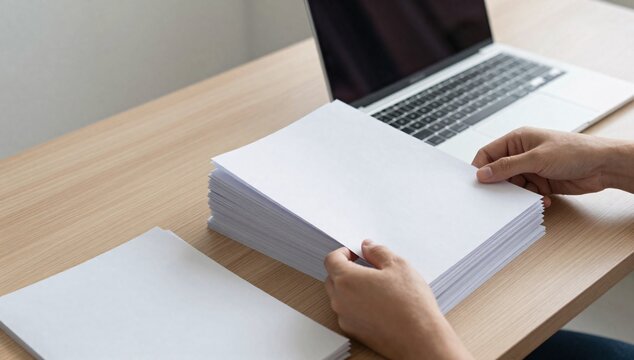Person's hands holding a stack of white paper next to a laptop on a wooden desk