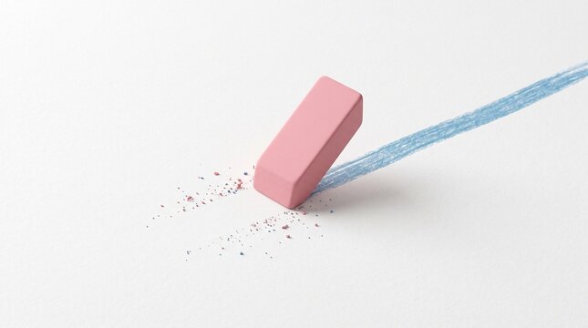 A pink rubber eraser removing a blue crayon line from a clean white textured paper surface with rectangular eraser removes rectanglar