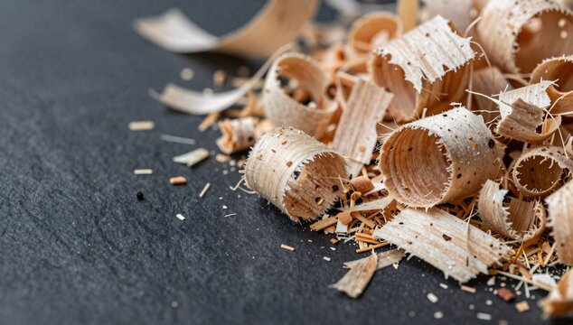 Close up of curly wood shavings scattered on a dark textured surface