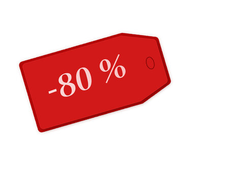 Price tag red cardboard with minus eighty percent text on white background, retail discount sign