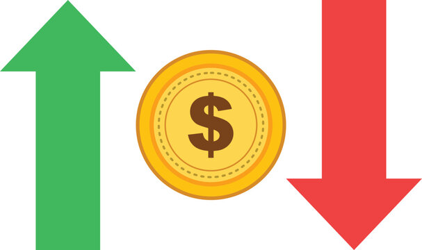 Gold coin with green upward arrow and red downward arrow representing profit and loss in business finance concept illustration