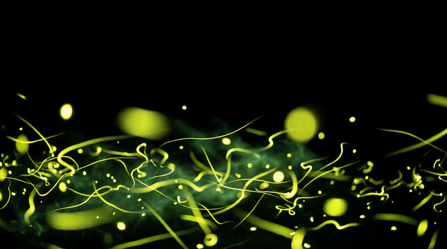 Glowing yellow fireflies light trails overlay on black background for