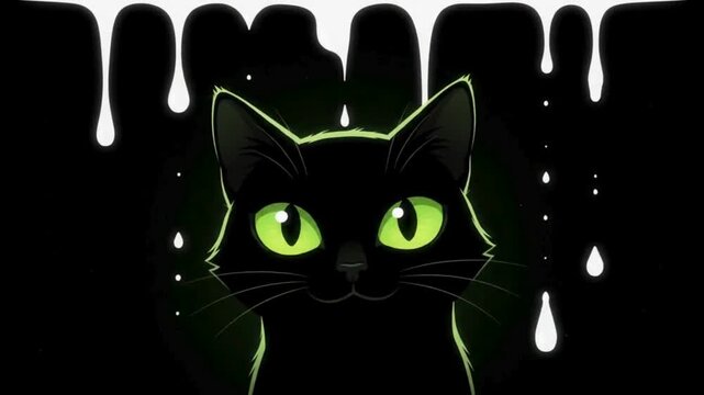 Minimalist dark mode vector motion graphic animation of a black cat silhouette peeking with neon-green glowing eyes for Halloween Background.