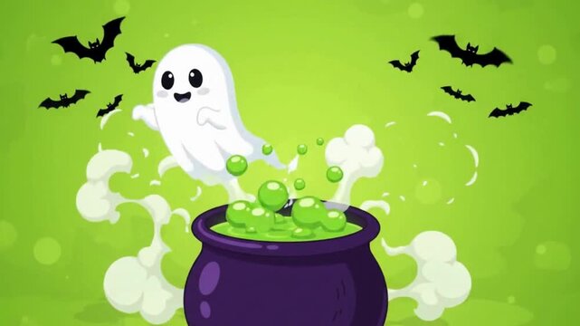 Expressive 2D flat vector animation of a bubbling purple witch cauldron with a cute ghost on vibrant lime green background for Halloween Background. 