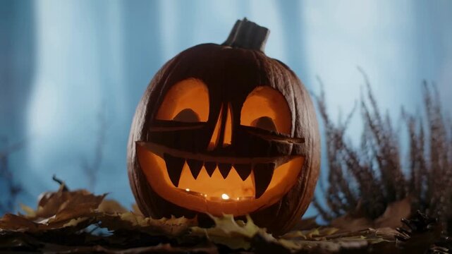 A glowing Halloween jack-o-lantern with sharp teeth sits amongst autumn leaves against a misty blue background.