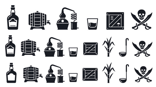 Moonshine brewing icons with pirate symbols. Illegal alcohol production illustrations. Still, Bottles, Glasses, Barrels, Plants, Skulls, Crossbones. Vector illustration.